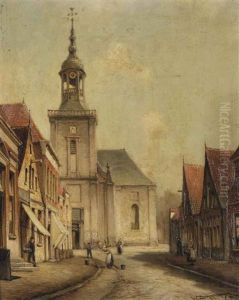 A View Of The Kerkstraat In Almelo by Cornelis Christiaan Dommelshuizen