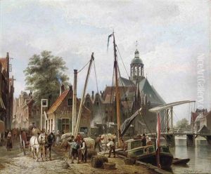 Unloading A Barge On A Rotterdam Quay by Cornelis Christiaan Dommelshuizen