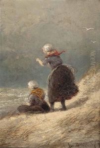 Zwei Madchen An Sturmischer Kuste by Cornelis Christiaan Dommelshuizen