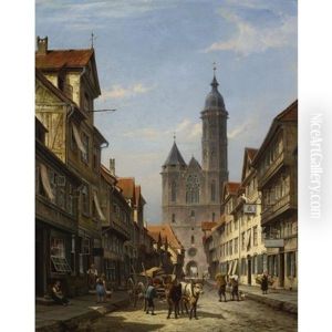 Dutch Street Scene With Cathedral by Cornelis Christiaan Dommelshuizen
