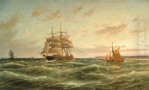 A Three-master And Other Sailing Boats On Sea by Cornelis Christiaan Dommelshuizen