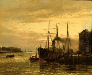 Ships In An Inner Harbour At Sunset Ships In An Inner Harbour At Sunset