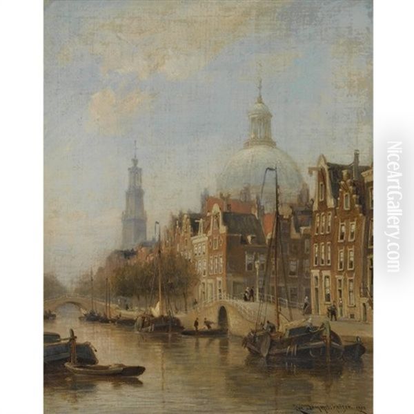 A View Of An Amsterdam Canal, Possibly The Nieuwezijds Voorburgwal, With The Nieuwe Lutherse Kerk And The Westertoren In The Distance - view 1