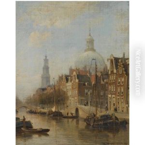 A View Of An Amsterdam Canal (nieuwezijds Voorburgwal ?), With The Nieuwe Lutherse Kerk And The Westertoren In The Distance by Cornelis Christiaan Dommelshuizen
