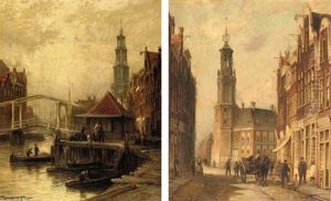 Oud Amsterdam, De Munt Toren En Hotel (+ Oud Amsterdam Bikkerseiland; Pair) by Cornelis Christiaan Dommelshuizen