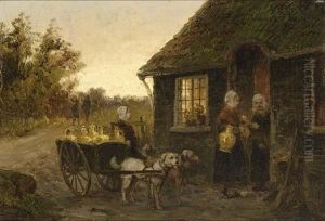 Dog-cart With Girl Near A House by Cornelis Christiaan Dommelshuizen