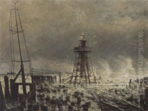 Phare At The End Of The North Breakwater, Tide Coming In At The Hoek Van Holland