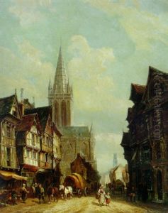 A Sunlit Townview With Figures Passing A Cathedral