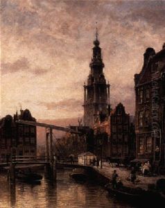 The Zuider Church Canal Scene, Amsterdam by Cornelis Christiaan Dommelshuizen