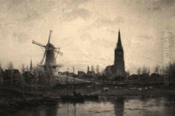 A View Of A Dutch Town At Sunset - view 1