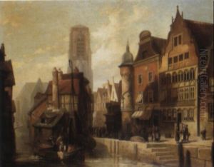 A Dutch Town With Townsfolk By A Canal by Cornelis Christiaan Dommelshuizen