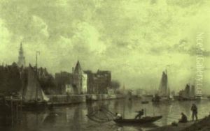 Old Amsterdam, The Schryers Tower Seen From The East Dock by Cornelis Christiaan Dommelshuizen