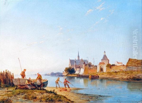 River Scene With Fisherfolk In The Foreground, A Town Beyond - view 1