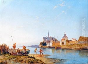 River Scene With Fisherfolk In The Foreground, A Town Beyond