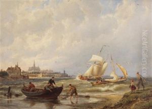 Fisherfolk Along The Coast And Shipping On A Calm Sea (a Pair) by William Raymond Dommersen