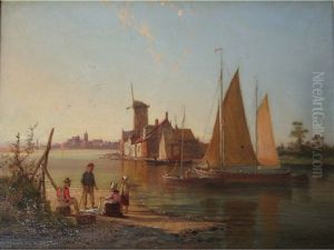 Dutch River Scene With Figures Sorting Fish by William Raymond Dommersen
