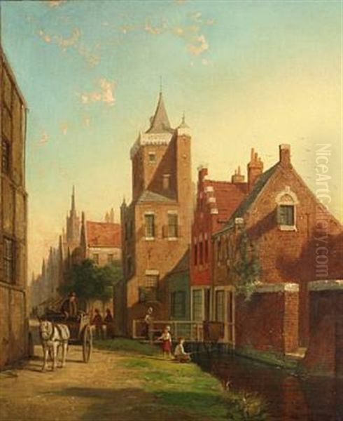A Dutch Town Scene With A Figure And A Cart And Children Fishing From A Canal In The Foreground - view 1