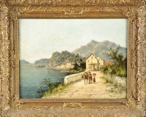 Bauernfamilie Vor Einer Siedlung Am Ufer Eines Sees In Hugeliger Landschaft