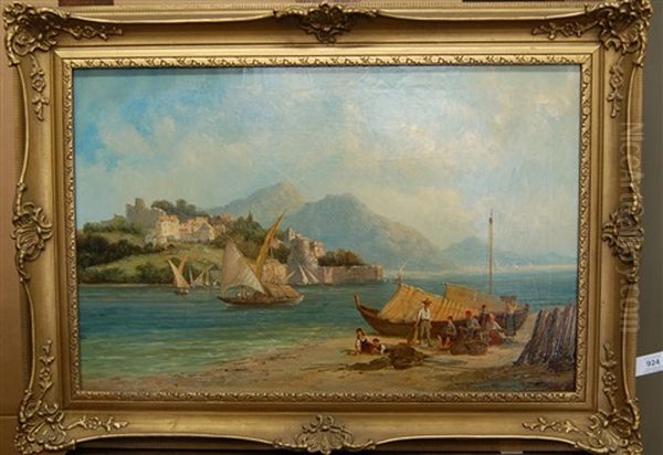 Mediterranean Scene With Figures And Fishing Boats Beside A Lake - view 1