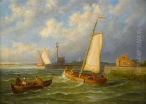 Sailing Boats And A Row Boat Off A Harbor (+ The Dutch Coast; Pair) by William Raymond Dommersen