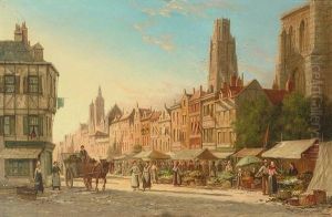 Rouen. Strasenansicht Mit Markttreiben An Einem Sommertag