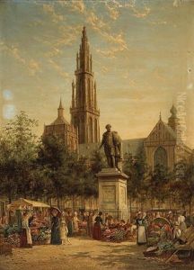 A View Of The Rubens Statue And The Cathedral, Antwerp by William Raymond Dommersen
