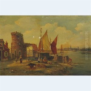 Fisherfolk Awaiting The Arrival Of The Day's Catch (+ Family Sorting The Catch; Pair) by William Raymond Dommersen