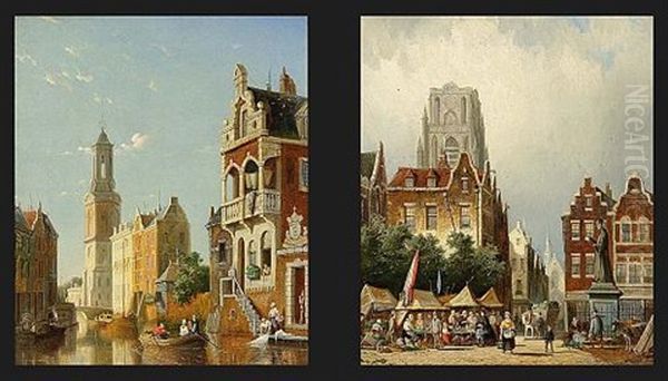 A Market Scene In Rotterdam, The Laurentius Church In The Background (+ A Canal Scene In Amsterdam, The Munt Tower In The Background, 1884; Pair) - view 1