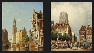 A Market Scene In Rotterdam, The Laurentius Church In The Background (+ A Canal Scene In Amsterdam, The Munt Tower In The Background, 1884; Pair) by William Raymond Dommersen