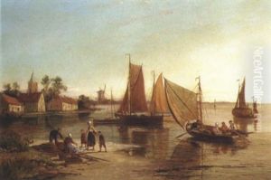 Sailing And Shipping On A Calm Estuary by William Raymond Dommersen