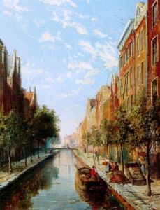 A Canal Scene In Amsterdam With A Figure In A Barge In The Foreground thumbnail