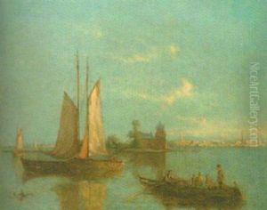 Figures In A Rowing Boat, Town Beyond by William Raymond Dommersen
