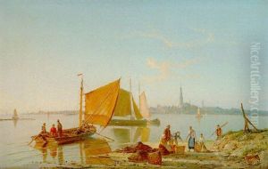 Pecheurs Sur Fond De Ville D'amsterdam by William Raymond Dommersen