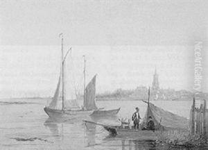 An Estuary With Fishermen In A Rowing Boat A Town Beyond by William Raymond Dommersen
