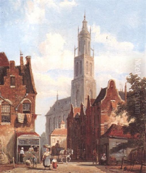 A Horse And Cart And Numerous Figures In A Dutch Street - view 1