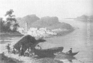 Figures Unloading The Catch Before A Coastal Town by William Raymond Dommersen