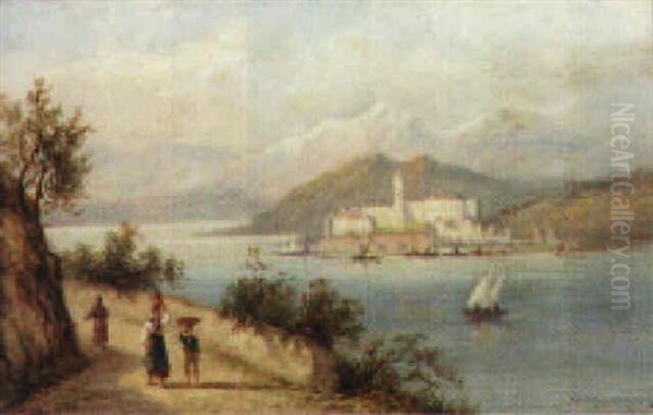Figures On The Banks Of An Italian Lake With A Town Beyond - view 1