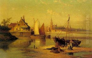 Fra En By Ved Kysten, I Forgrunden En Fiskerfamilie Ved Deres Bad by William Raymond Dommersen