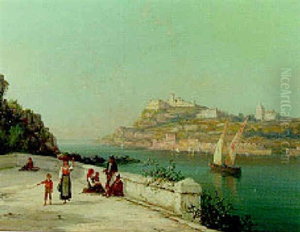 Italian Peasnts On A Terrace Overlooking A Coastal Inlet With A Town Beyond - view 1