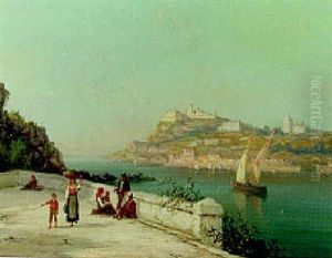 Italian Peasnts On A Terrace Overlooking A Coastal Inlet With A Town Beyond