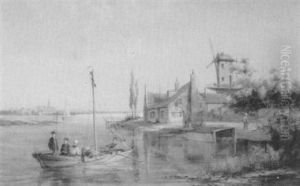 Country Folk Crossing An Estuary, A Town Beyond by William Raymond Dommersen
