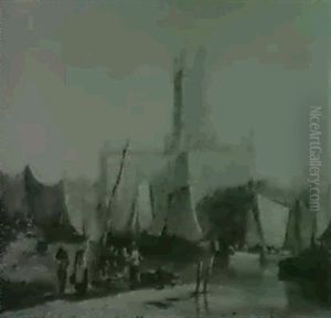Blick Vom Hafen Mit Reicher Bootsstaffage Auf Die Kathedralevon Gloucester by William Raymond Dommersen