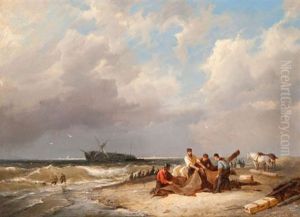 Strandjutters Met Een Scheepswrak Op De Achtergrond