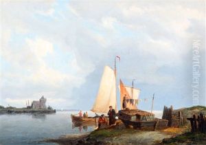 Vissersfamilie Bij Schip Aan De Waterkant