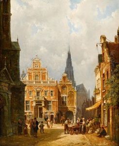 Townscape With Figures; And A Companion (pair) by Pieter Cornelis Dommershuijzen