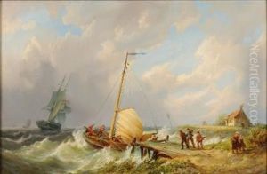 On The Scheldt, A Breezy Day With A Sailing Boat Embarking From A Jetty, A Fisherman's Cottage And Figures In The Foreground