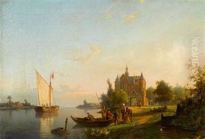 Fishing Boats On A River With Figures On The Shore by Pieter Cornelis Dommershuijzen