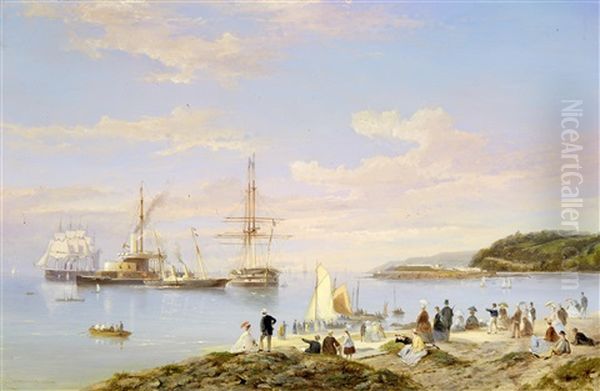 A Squadron Of Her Majesty's Ships - Old And New - Lying In Asia Pass, Plymouth Sound, With Spectators On The Hoe And With Mount Edgcumbe Looming Up Behind Drake's Island Beyond - view 1