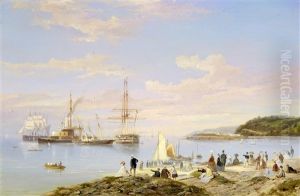 A Squadron Of Her Majesty's Ships - Old And New - Lying In Asia Pass, Plymouth Sound, With Spectators On The Hoe And With Mount Edgcumbe Looming Up Behind Drake's Island Beyond