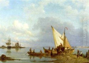 Unloading The Cargo On The Bank Of An Estuary by Pieter Cornelis Dommershuijzen